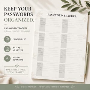 May include: A printable password tracker document featuring the text KEEP YOUR PASSWORDS ORGANIZED and PASSWORD TRACKER. The layout includes fields for website, email, username, password, and notes, decorated with subtle leaf illustrations.