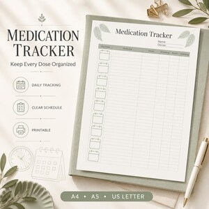 Może przedstawiać: Drukawalny arkusz do śledzenia leków z siatką do zapisywania nazwy leku, dawki i pory dnia. Dokument zawiera tekst Medication Tracker, Name i Doctor, kolumnę na daty oraz ikony służące do codziennego planowania i śledzenia harmonogramu.
