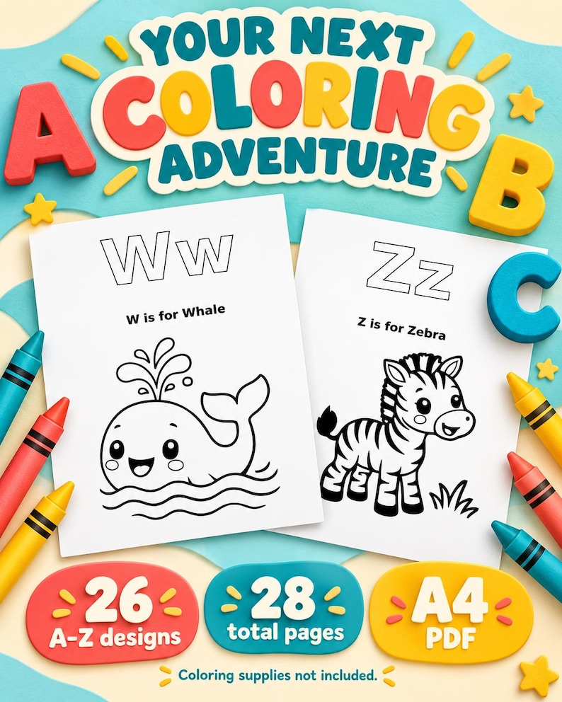 Alphabet Coloring Pages A-Z for Kids , 26 Printable Letter Designs, A4 ...