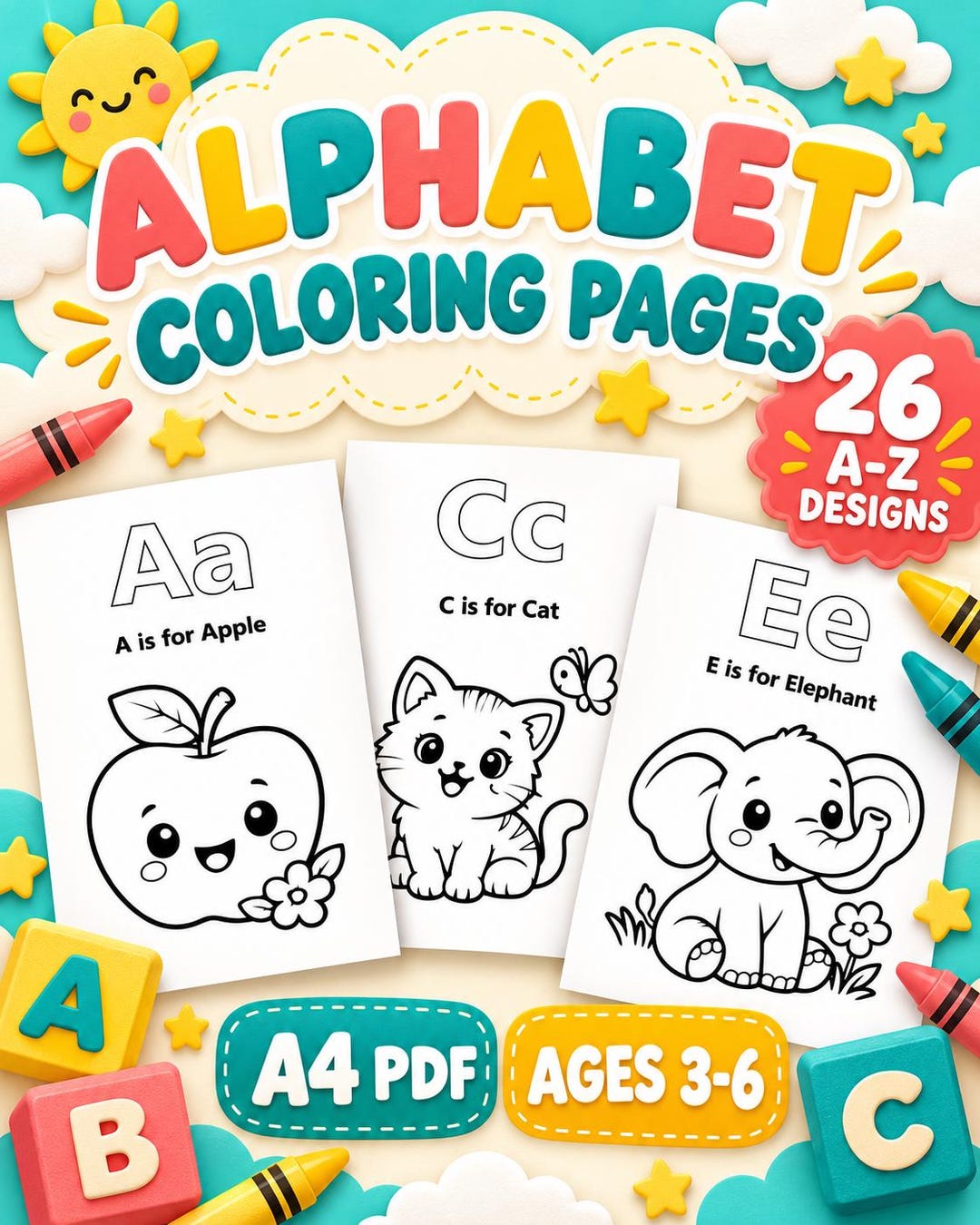 Alphabet Coloring Pages A-Z for Kids , 26 Printable Letter Designs, A4 ...