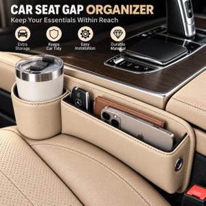 May include: A beige car seat gap organizer featuring a cup holder and a storage compartment. The text CAR SEAT GAP ORGANIZER and Keep Your Essentials Within Reach are visible, along with icons for Extra Storage, Keeps Car Tidy, Easy Installation, and Durable Material.