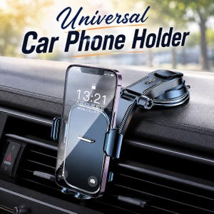 May include: A dark blue and black universal car phone holder mounted on a vehicle dashboard vent. The device features an adjustable arm and a secure grip mechanism holding a smartphone with a digital clock display reading 13:21.