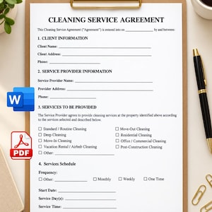 May include: A printed Cleaning Service Agreement form on a clipboard with a black pen. The document includes sections for client and service provider information, a checklist of cleaning services, and a schedule for frequency, start date, and service time.