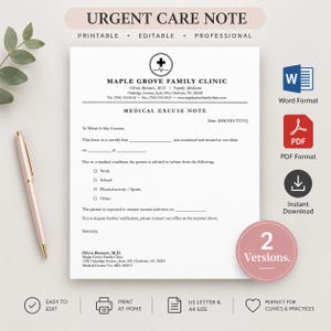 May include: A printable medical excuse note template for Maple Grove Family Clinic featuring a black and white layout with a medical logo, contact details, and fillable fields for patient information, work, school, and activity restrictions.