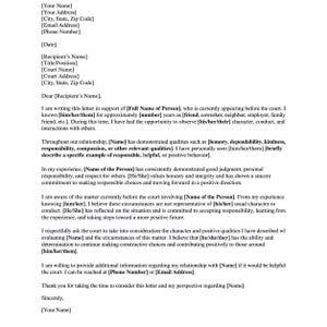 May include: A formal letter template printed in black ink on a white background. The document includes placeholders in brackets for contact information, dates, recipient details, and a body text regarding a character reference for court proceedings.