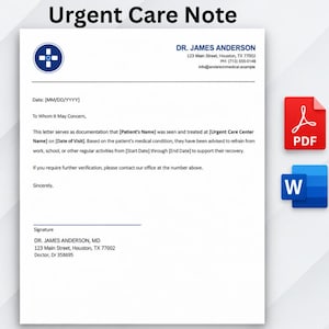 May include: A white Urgent Care Note template featuring a blue medical logo, Dr. James Anderson's contact details, and placeholder text for patient information. Includes red PDF and blue Word document icons on the right side of the page.
