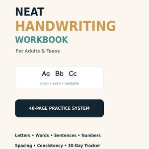 May include: A digital handwriting workbook titled NEAT HANDWRITING WORKBOOK For Adults & Teens. It features a 40-page practice system for letters, words, sentences, numbers, spacing, and consistency. Includes a 30-day tracker and A4 plus US letter sizes.