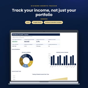 May include: A digital dividend growth tracker displayed on a laptop screen, featuring a dashboard with income metrics, a pie chart of income by holding, and a monthly income bar chart. Text includes Dividend Growth Tracker, Excel, and Google Sheets.