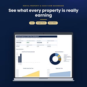 May include: A digital rental property and cash flow dashboard displayed on a laptop screen. The interface features financial metrics, a bar chart for annual cash flow, a pie chart for expense breakdown, and line graphs for portfolio value and equity.