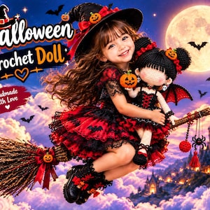 May include: A handmade crochet doll with black hair, wearing a black and red dress with bat wings, holding a small orange pumpkin. The doll features skull earrings and is positioned on a broomstick with a pumpkin accent and red ribbons.