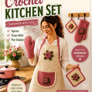 May include: A crochet kitchen set pattern PDF download featuring an apron, oven mitt, and pot holder. The items are cream and dusty rose with rose flower appliqués. The text reads Crochet Kitchen Set, Handmade with Love, Beautiful Handmade Design, Perfect for your Kitchen, and Crochet Pattern PDF Download.