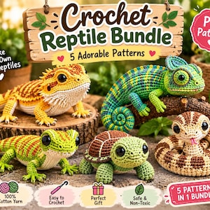 Könnte beinhalten: Ein Häkelanleitungs-PDF für Reptilien mit fünf Amigurumi-Figuren: eine gelb-orange Bartagame, ein grünes Chamäleon, ein grüner Gecko, eine grüne Schildkröte mit braunem Panzer und eine braun-beige Schlange mit großen schwarzen Augen.