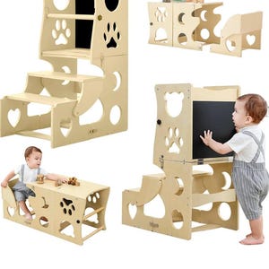 Toddler Kitchen Step Stool - 3 in 1 Montessori Toddler Standing Tower with Safety Rail & Chalkboard ,TowerKitchen Stool Helper