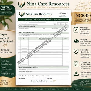 Peut inclure: Un formulaire numérique de suivi et d'observation des résidents par Nina Care Resources, référencé NCR-002. Le document blanc comprend des sections pour les informations de service, un guide de soins, un tableau à six lignes et un résumé.