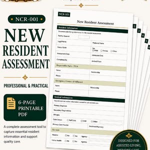 May include: A six-page printable PDF document titled New Resident Assessment by Nina Care Resources. The form includes sections for resident information, medical history, and emergency contacts, designed for assisted living and home care facilities.