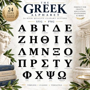 Könnte beinhalten: Eine digitale grafische Darstellung des griechischen Alphabets mit 24 schwarzen Buchstaben und deren englischen Namen. Der Text enthält 'THE GREEK ALPHABET', '24 HIGH QUALITY CLIPART LETTERS', 'SVG PNG', '24 FILES IN EACH FORMAT' und 'TIMELESS CLASSIC VERSATILE'.