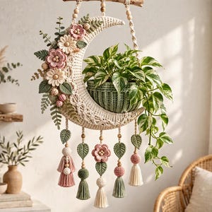 May include: A crescent moon-shaped macrame wall hanging featuring a central green crocheted plant pot, adorned with crocheted pink and white flowers, green leaves, wooden beads, and hanging tassels in shades of pink, green, and cream.