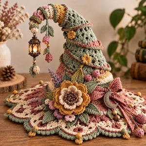 May include: A crocheted pointed hat in sage green, dusty rose, and mustard yellow, featuring a wide scalloped brim, floral embellishments, a dangling miniature lantern, and a crescent moon charm attached to a bow on the side of the hat.