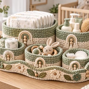 May include: A set of sage green and cream crocheted storage baskets and a matching tray. The baskets feature decorative rainbow motifs with wooden beads and tassels. The tray is adorned with crocheted flowers and leaves. The set holds baby items.