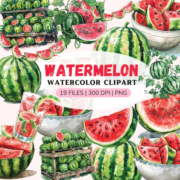 19 clipart watermelon watercolor png, summer clip art, lemonade, melon, instant download commercial use, PNG bundle, food, fruit, bundle