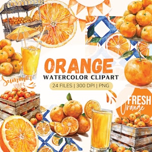 Może przedstawiać: Zestaw clipartów akwarelowych z pomarańczami, plastrami pomarańczy i sokiem pomarańczowym. Zestaw zawiera 24 pliki, 300 DPI i format PNG. Tekst "Summer Vibes" i "Fresh Orange" jest zawarty w obrazie.