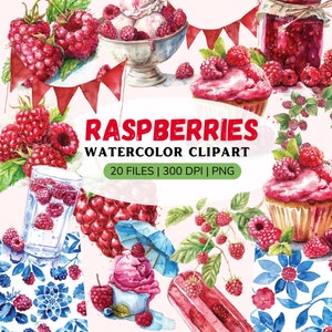 Könnte beinhalten: Aquarell-Clipart mit Himbeeren in verschiedenen Formen, darunter eine Schüssel mit Himbeeren und Eiscreme, ein Glas Himbeermarmelade, ein Himbeer-Cupcake und ein Glas Himbeeren. Das Clipart enthält auch einen Himbeer-Eis am Stiel, einen Himbeerstrauch und ein Blumenmuster mit Himbeeren.