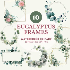 Könnte beinhalten: Aquarell-Cliparts mit zehn Eukalyptusrahmen. Die Rahmen zeigen goldene geometrische Formen und sind mit Eukalyptusblättern und Blumen verziert. Der Text lautet "Eucalyptus Frames" und "Watercolor Clipart".