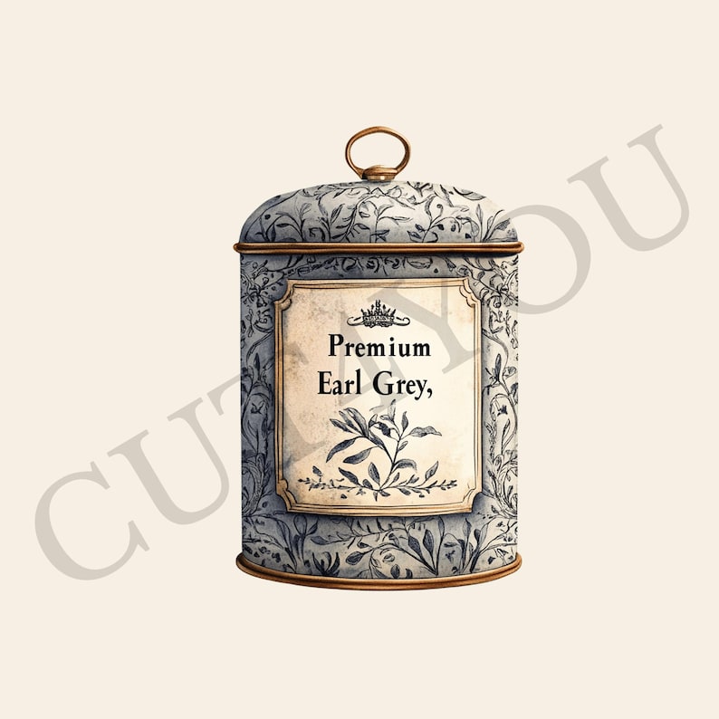 May include: A vintage-style tin container with a gold lid and a floral design. The label reads "Premium Earl Grey".