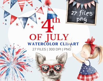 4th of July Clipart - Watercolor Patriotic Images, Independence Day Digital Download, Cute July 4th Graphics, fourth of july, american flag