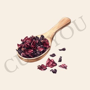 May include: A wooden spoon filled with dried hibiscus flowers, with additional flowers scattered around the spoon.
