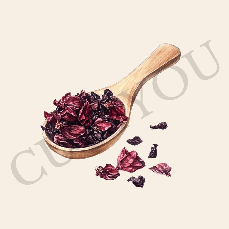 May include: A wooden spoon filled with dried hibiscus flowers, with additional flowers scattered around the spoon.