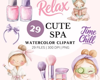 Cute Spa Clipart, Watercolor Girls Clipart, Spa Party Digital Download, Pamper Party, Commercial Use Graphics, spa png, pink spa clip art