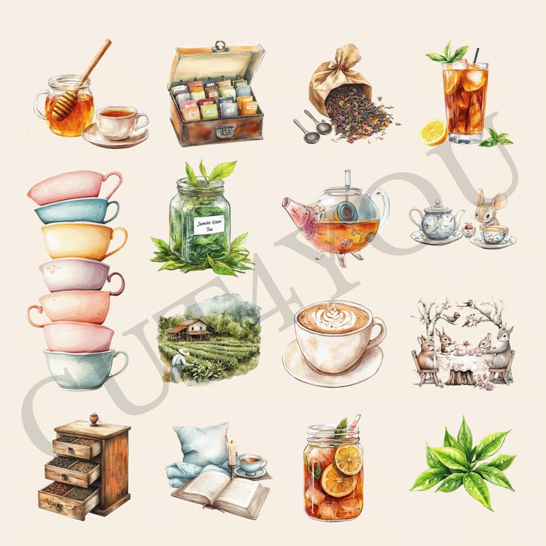 May include: A watercolour illustration of various tea-related items, including teacups, teapots, tea leaves, tea bags, honey, and iced tea. The illustration also includes a scene of a tea plantation, a cosy reading nook, and a group of squirrels enjoying tea.
