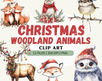 Christmas woodland animals clipart, boho woodland animals, christmas clipart, holidays clipart, christmas animals, forest animals christmas