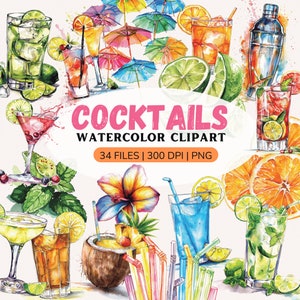 Clipart cocktail aquarelle | Carte des boissons | Cocktail png | carte des cocktails | Fête d'été | Cocktails tropicaux de plage | cocktails exclusifs