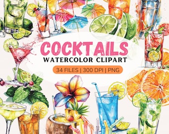 May include: Watercolor clipart of 34 cocktail illustrations, including various drinks, fruits, and umbrellas. The text "Cocktails Watercolor Clipart" and "34 Files | 300 DPI | PNG" is included in the image.