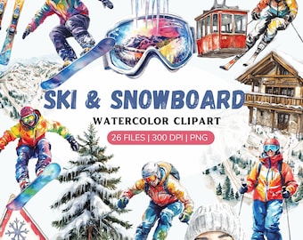 Watercolor Ski and snowboard Clipart, Snowboard png, Ski Nature Clipart, skiing clipart, holiday clipart, Commercial Use, winter sports png