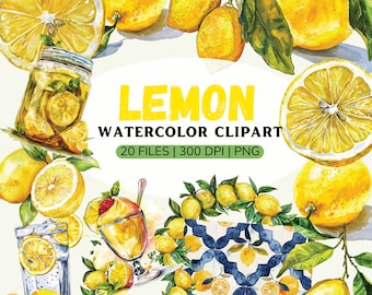 Clipart de limón en acuarela / Limonada / Ilustraciones de cócteles / Clipart de frutas / Corona de limón / Azulejo mediterráneo / Clip art de verano / PNG