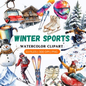 Sport invernali ad acquerello png, Clipart snowboard e sci, Clipart natura sci, sci, hockey su ghiaccio, clipart invernale, montagna png
