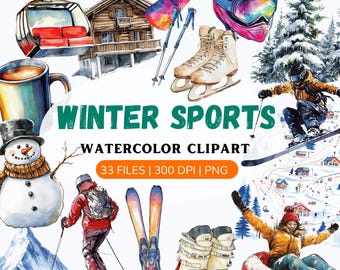 Watercolor Winter Sports png, Snowboarding and ski clipart, Ski Nature Clipart, skiing, Ice Hockey, winter clipart, mountain png