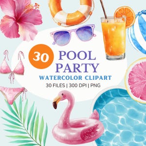 Pool Party Clipart, Watercolor Summer Graphics, Cute Birthday Elements, Digital Download PNG, Fun Beach Party Decor,  Kids Pool Party