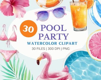 Watercolor Pool Party Clipart: Summer Birthday Graphics (Digital Download PNG)
