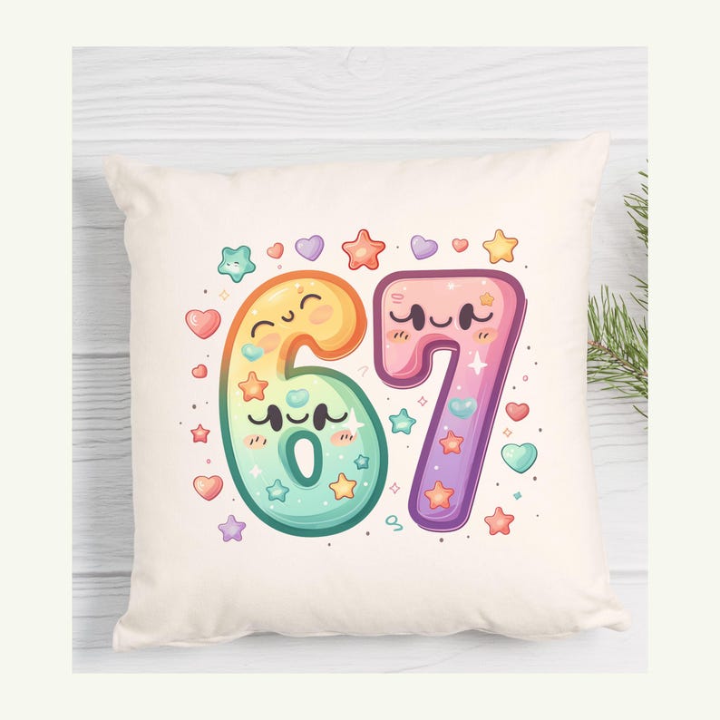 May include: A cream-colored square pillow featuring the number 67 in a colorful, cartoonish style. The numbers are decorated with stars, hearts, and smiling faces. The pillow is a decorative item.