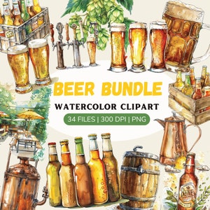 Acuarela Cerveza Clipart / gráficos digitales PNG de cerveza, trigo y lúpulo / clipart de cervecería / descarga instantánea para uso comercial / Vaso de cerveza / PNG
