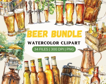 Watercolor Beer Clipart | digital png beer, wheat and hops graphics | brewery clipart |  instant download commercial use |  Beer Glass | PNG