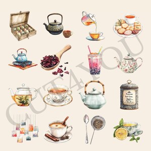 May include: A watercolour illustration of various tea-related items, including teapots, teacups, tea leaves, tea bags, and a box of tea. The illustration is in a vintage style and features a variety of colours, including blue, green, red, and brown.