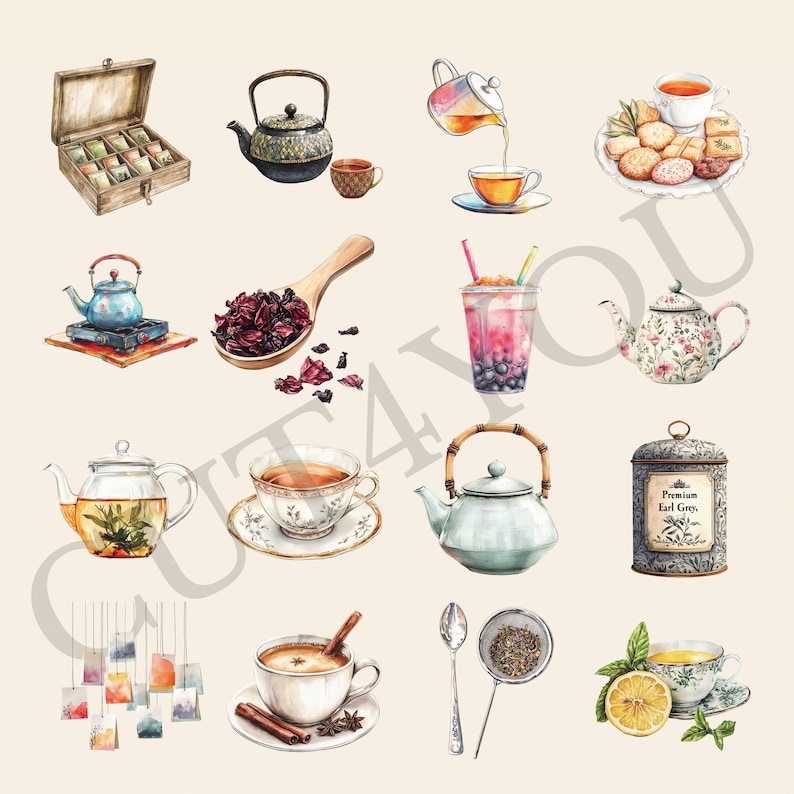 May include: A watercolour illustration of various tea-related items, including teapots, teacups, tea leaves, tea bags, and a box of tea. The illustration is in a vintage style and features a variety of colours, including blue, green, red, and brown.