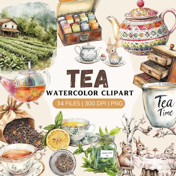 Watercolor tea clipart, tea png, ,tea bag clipart, tea drinker clipart, tea graphics ,tea party clipart, tea printables, tea scrapbooking
