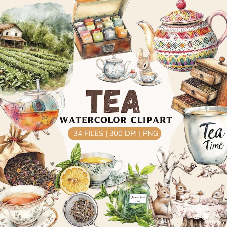 May include: Watercolour clipart set of tea-themed illustrations. Includes teacups, teapots, tea leaves, tea bags, and a tea-themed sign that says "Tea Time".
