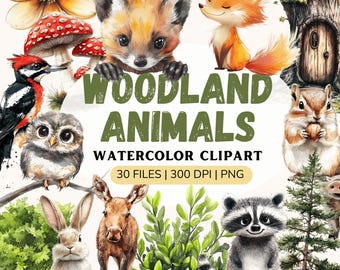 Watercolor Woodland Animals Clipart, Cute Woodland Animals PNG, Woodland Clipart,  Nursery Animals, Forest Animals, Commercial Use Art, fox